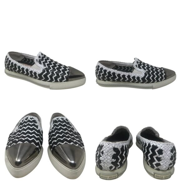 Rare Miu Miu Black & White Woven Leather Metal Cap Toe Slip On Sneakers Size 9 - Picture 13 of 14